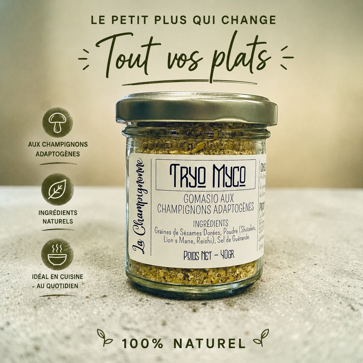 Pot de gomasio artisanal aux champignons adaptogènes